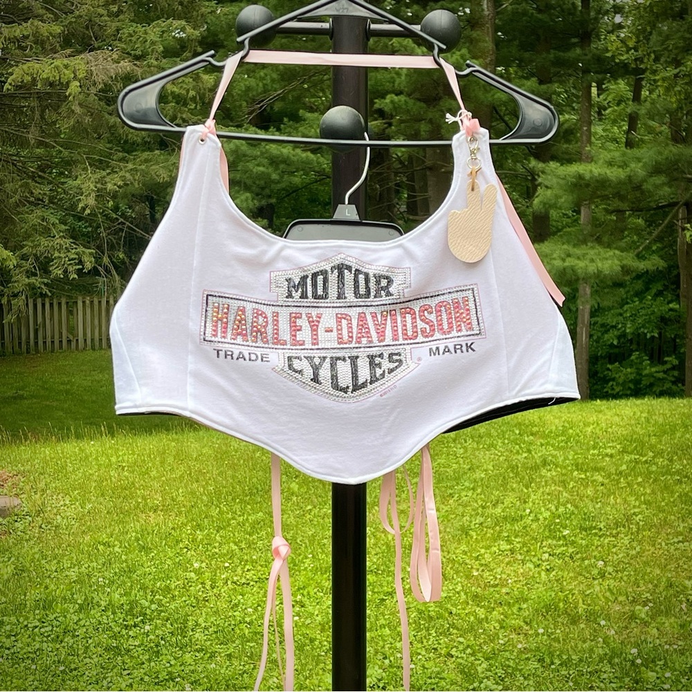 Upcycled/Reworked Harley Davidson White/pink/Rhinestoned to Corset Top